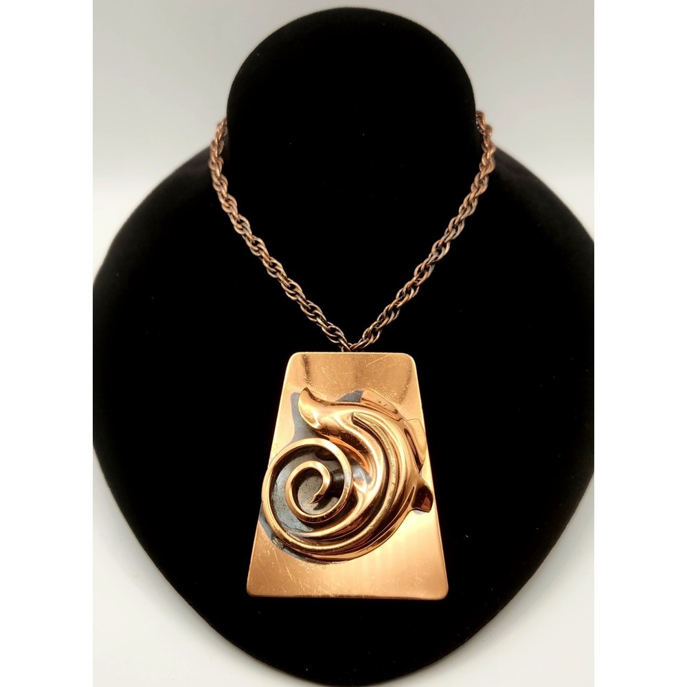 Vintage Copper Dolphin Necklace Modernist Spiral Artisan Abstract Pendant